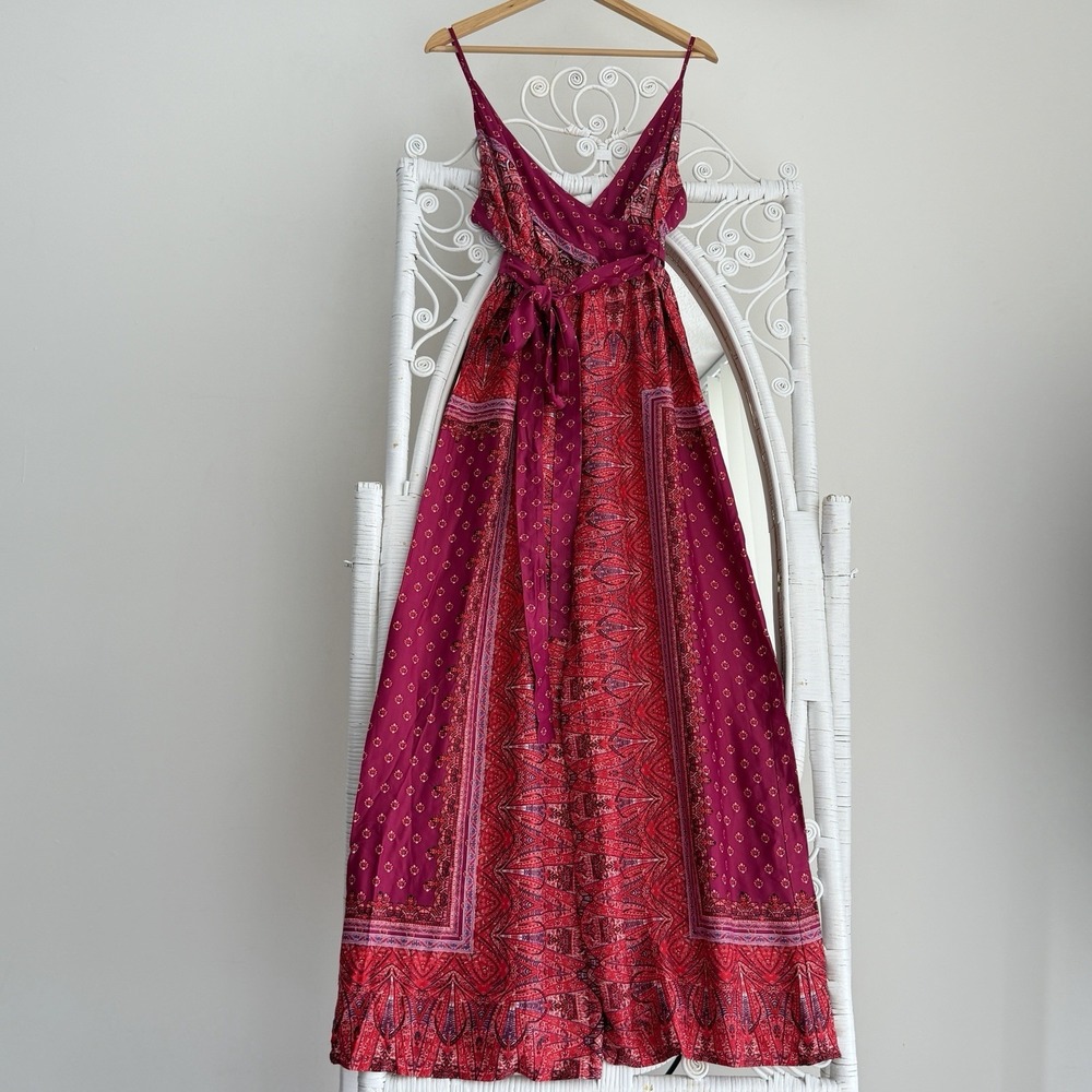 Free People Jumpsuit Sz 8 Pink Satin Cabbage Rose Paisley Bandana Wide Leg Boho